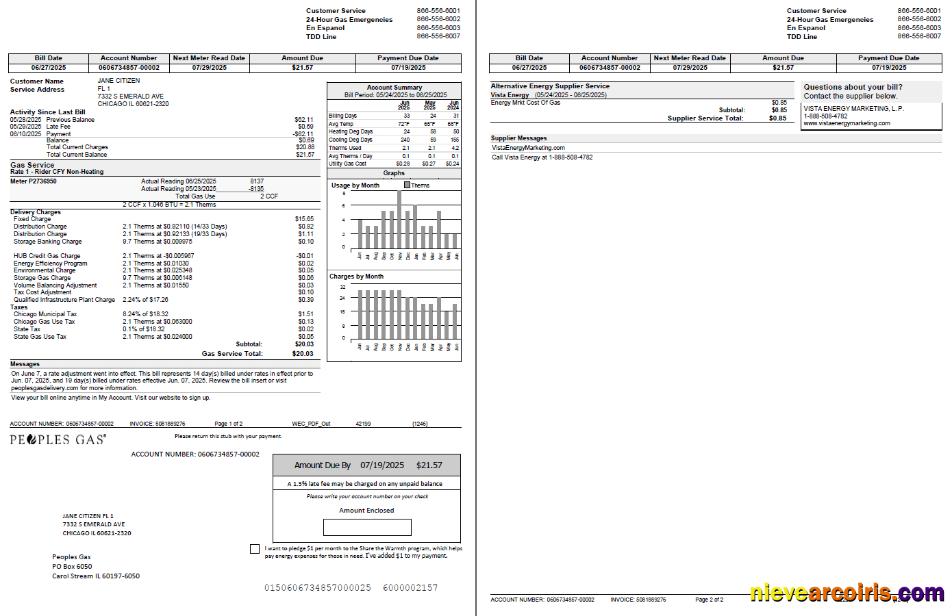 USA Peoples Gas utility bill, 2 pages